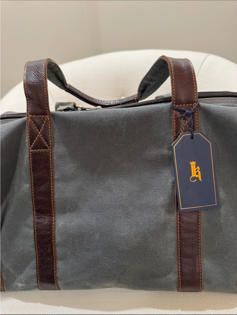 NWT Links & King Classic Olive/Gray Waxed Canvas Weekender Bag with Brown Trim